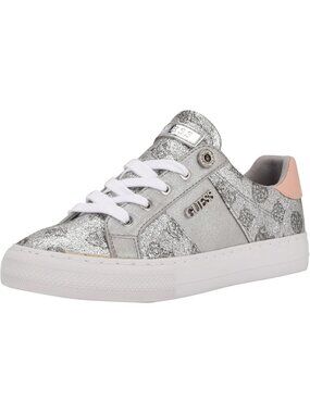 Women's Silver/Pink Glitter Guess Logo Gold Faux-leather Classic Loven Sneaker